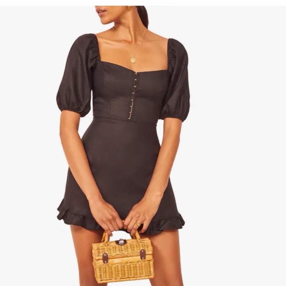 Reformation Black Puff Sleeve Seattle Mini Dress